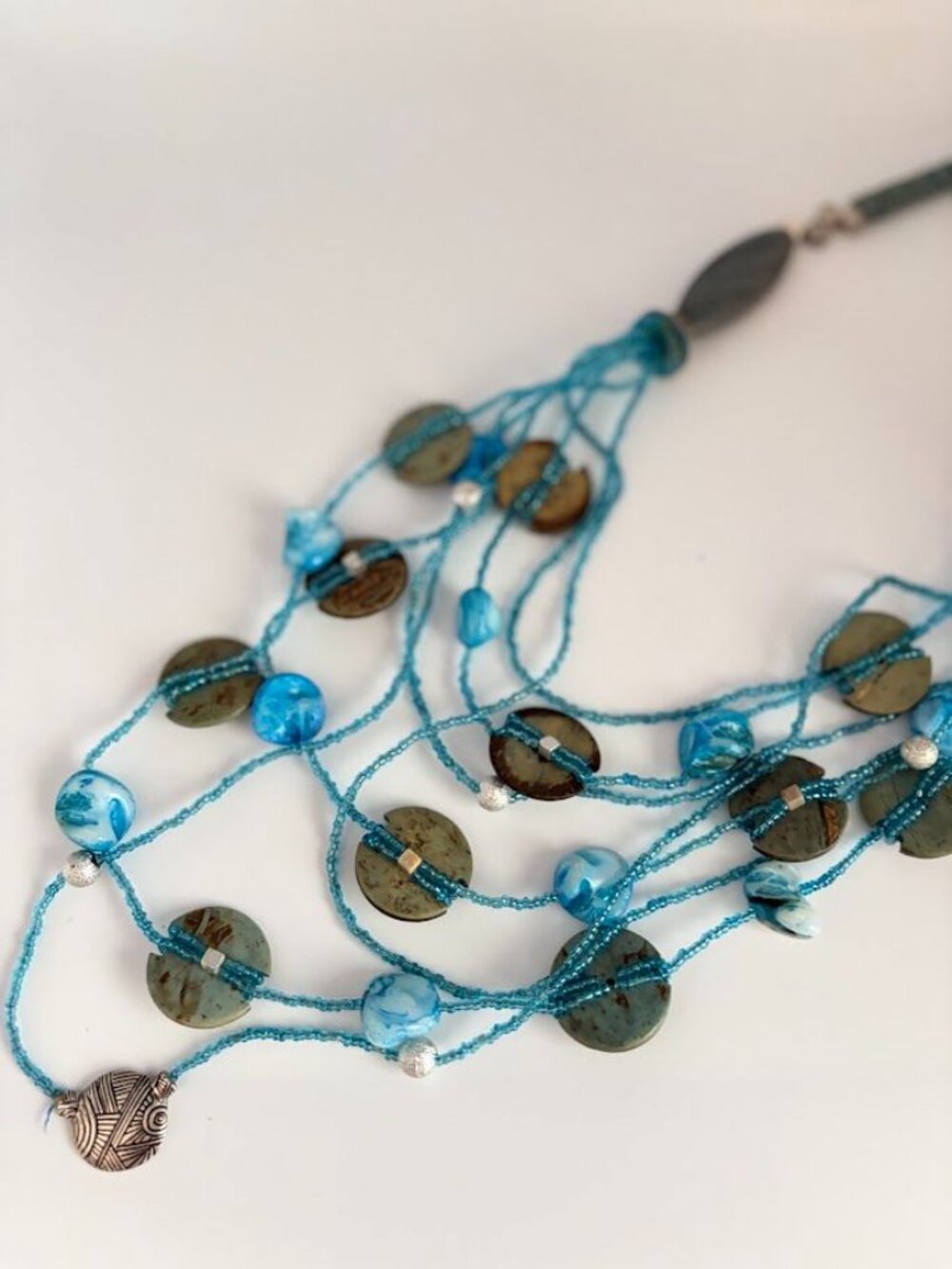 Chico's Turquoise Blue Seed Bead & Shell Layered Statement Necklace - Picture 3 of 5